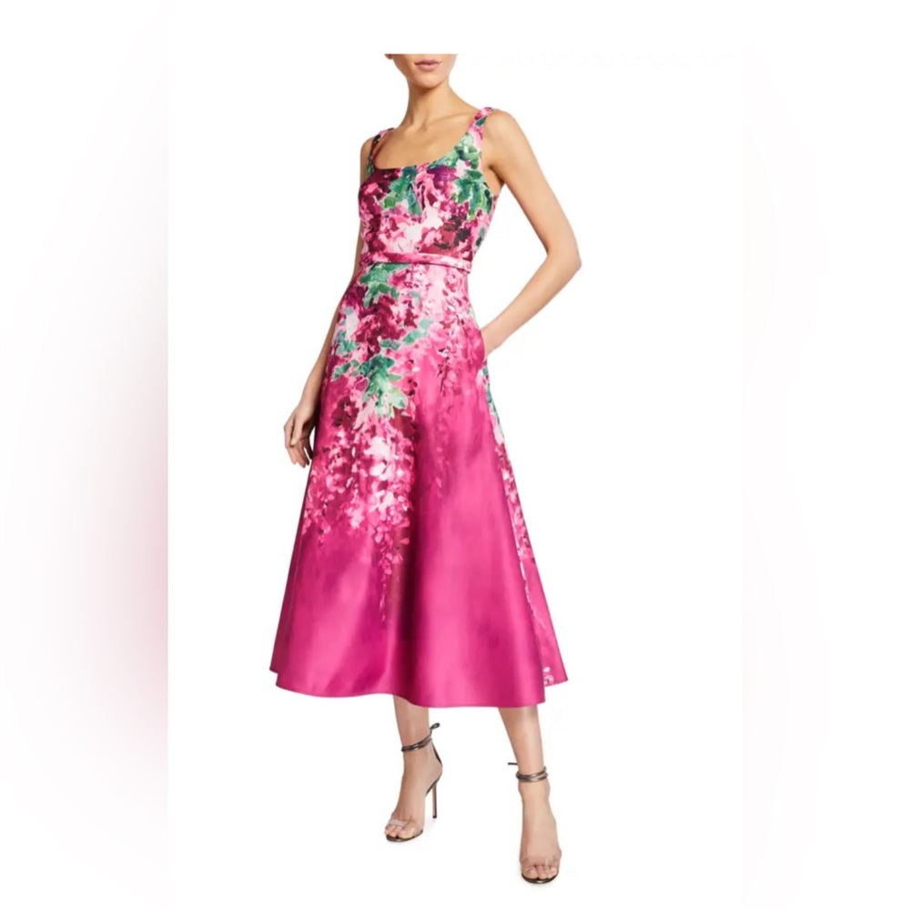 Marchesa Notte Printed Duchess Satin Sleeveless Midi Dress